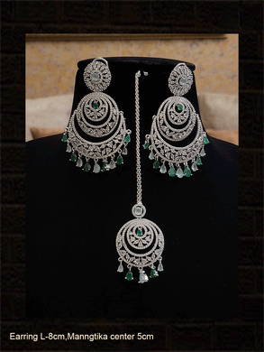 Chandbali design long AD earrings with coloured drops and maangtika