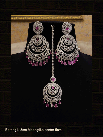 Chandbali design long AD earrings with coloured drops and maangtika