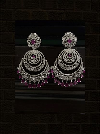 Chandbali design long AD earrings with coloured drops and maangtika