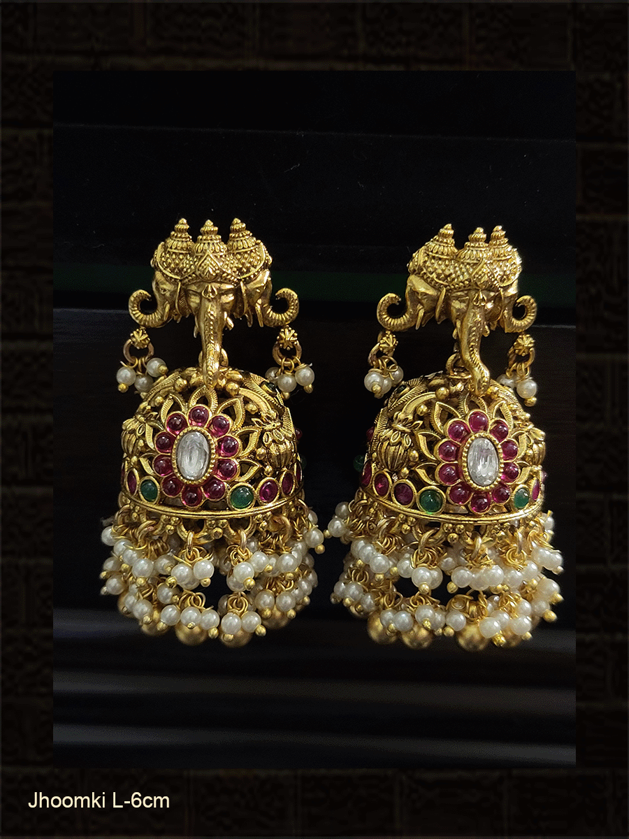 Triple ganpatiji face top jadau jhoomki with pearly tassels - Odara Jewellery