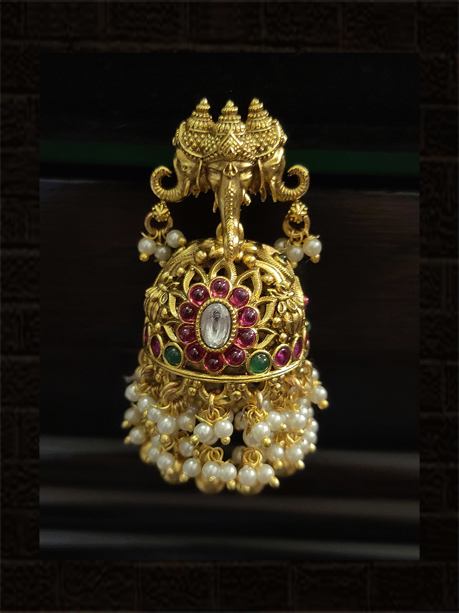 Triple ganpatiji face top jadau jhoomki with pearly tassels - Odara Jewellery