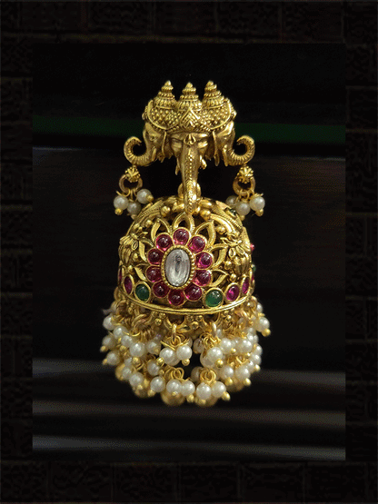 Triple ganpatiji face top jadau jhoomki with pearly tassels - Odara Jewellery