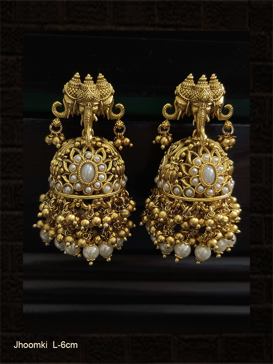 Triple ganpatiji face top jadau jhoomki with pearly tassels - Odara Jewellery