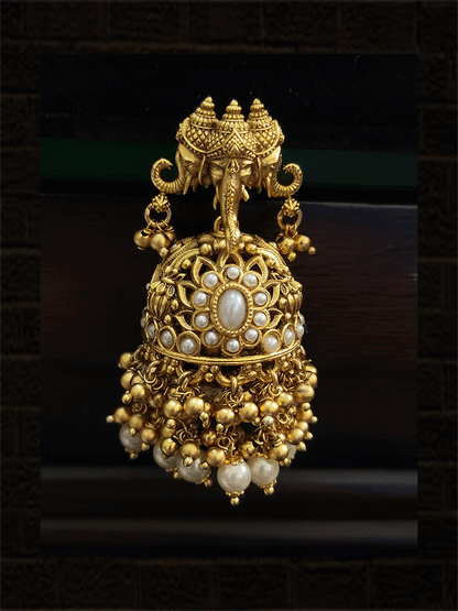 Triple ganpatiji face top jadau jhoomki with pearly tassels - Odara Jewellery