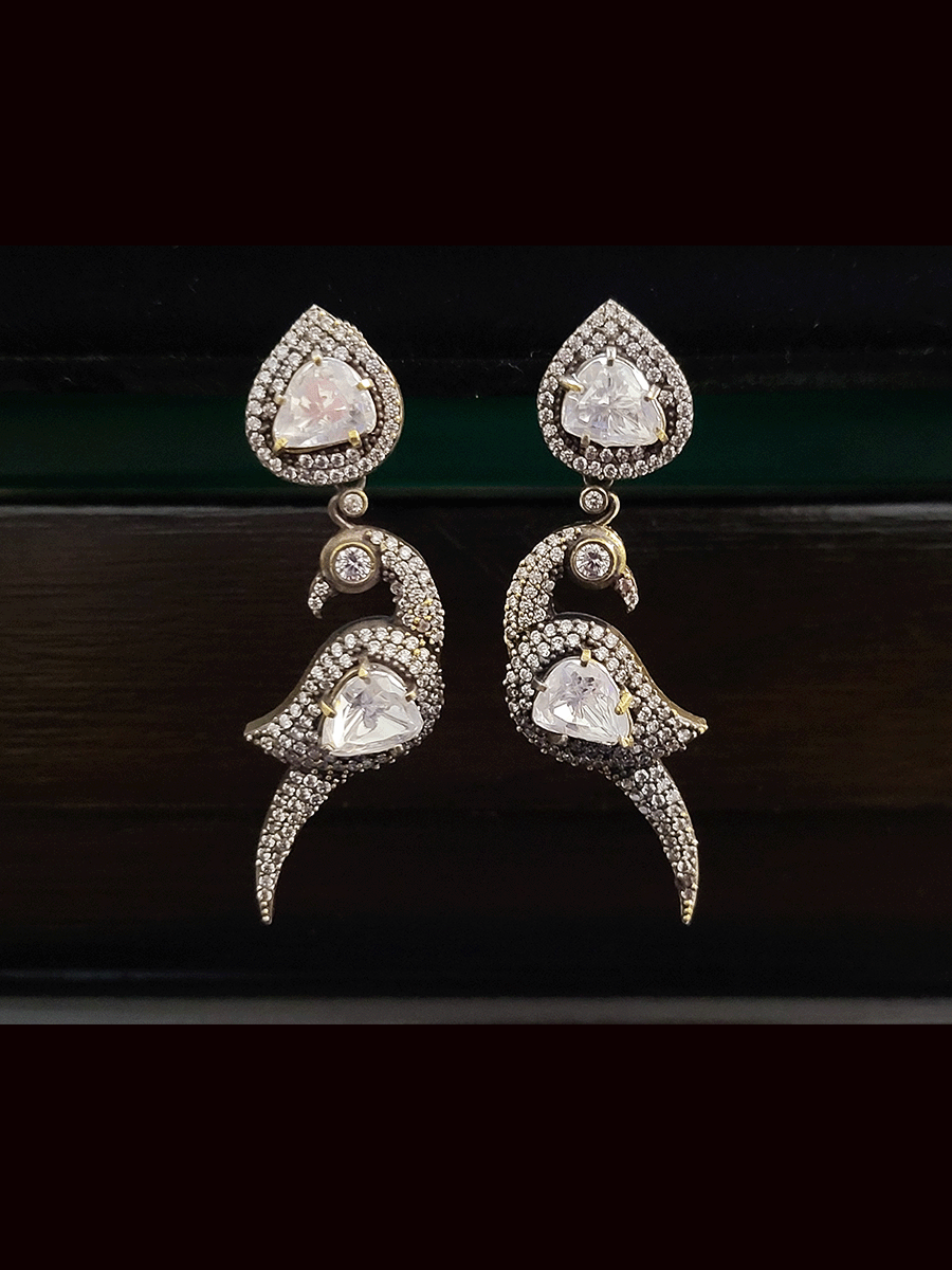 Peacock design white stone antique finish earrings