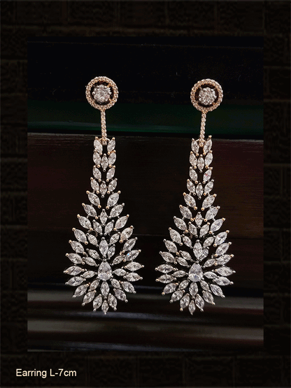 Rose gold and black finish long AD leaf design earrings - Odara Jewellery