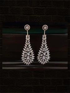 Rose gold and black finish long AD leaf design earrings - Odara Jewellery