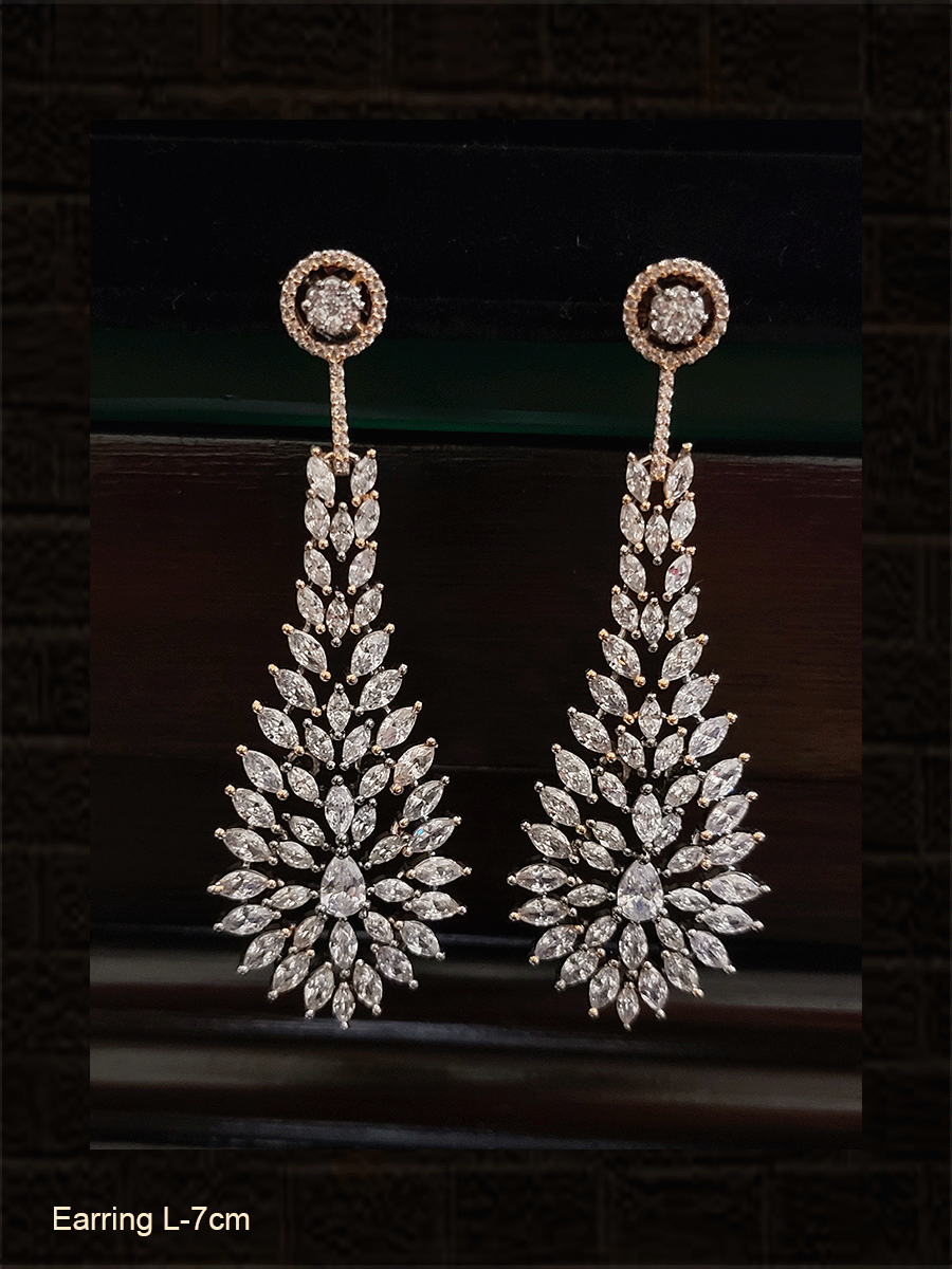 Rose gold and black finish long AD leaf design earrings - Odara Jewellery