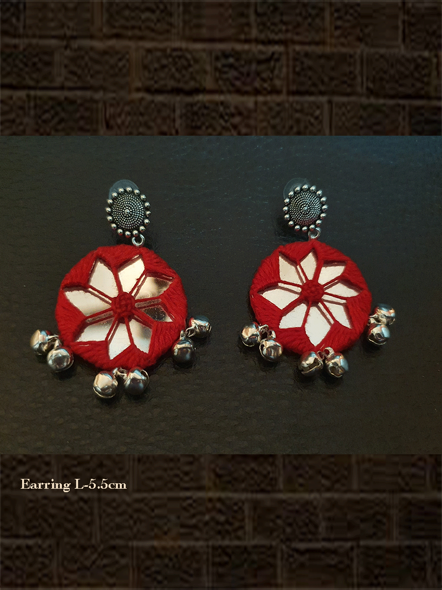 Red thread mirror work handmade earrings with silver ghunghru - Odara Jewellery