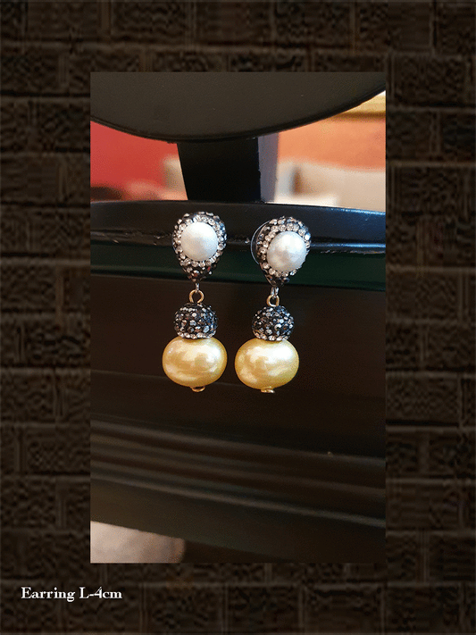 Yellow bead drop with AD and pearl bead top black finish earring - Odara Jewellery
