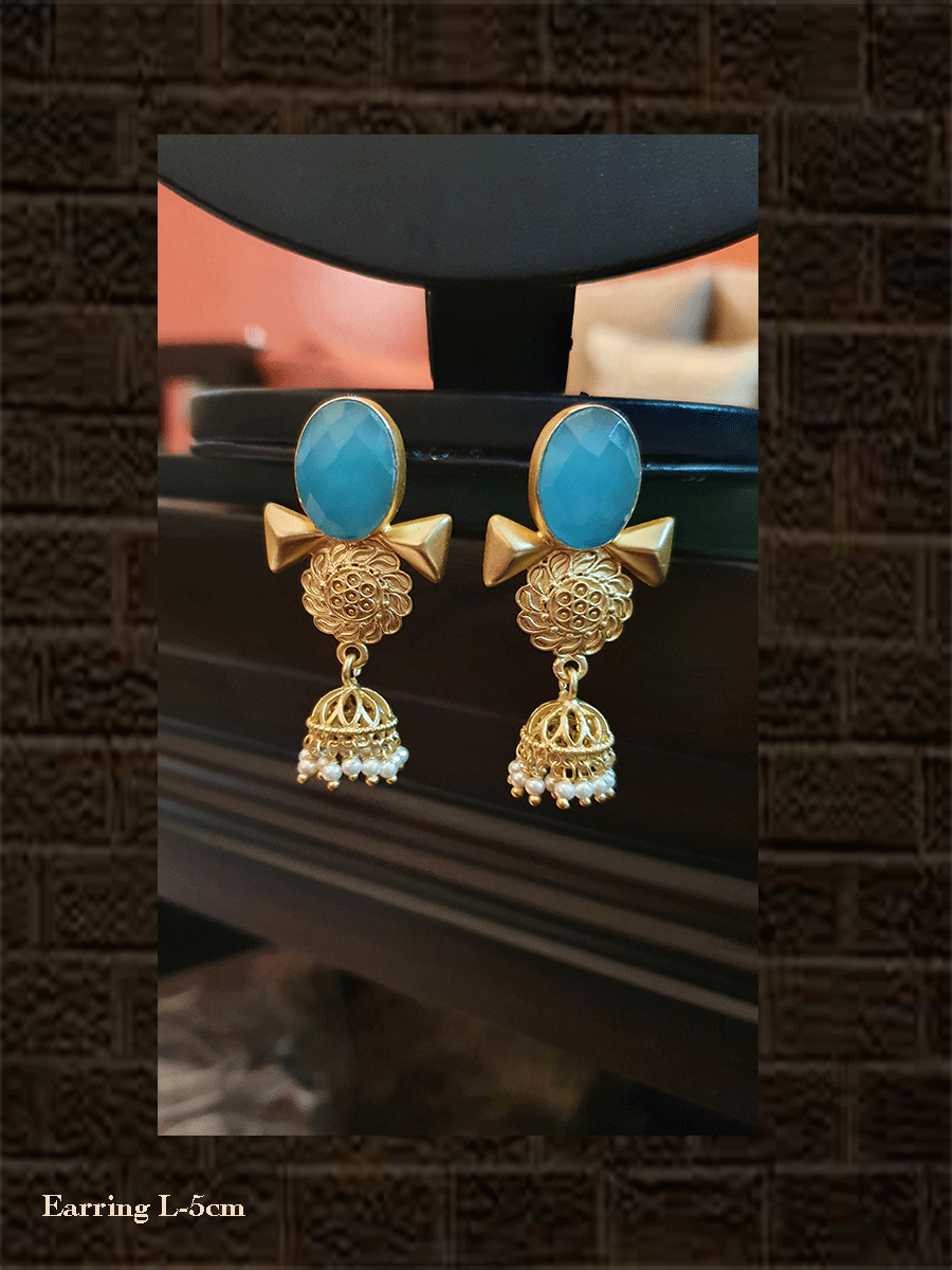 Aquablue stone matt gold finish jhoomki earring - Odara Jewellery