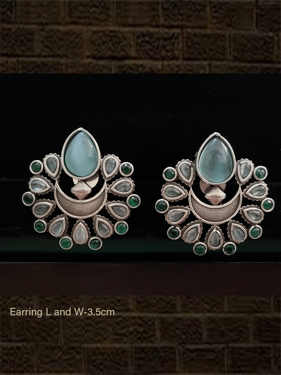 German silver natural stones earring with tear drop shaped stone on the top - Odara Jewellery