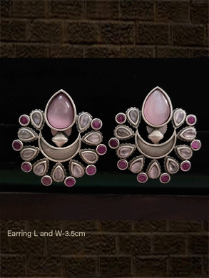 German silver natural stones earring with tear drop shaped stone on the top - Odara Jewellery