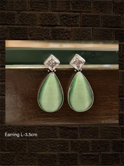 White stone top with leaf stone drop German silver earring - Odara Jewellery