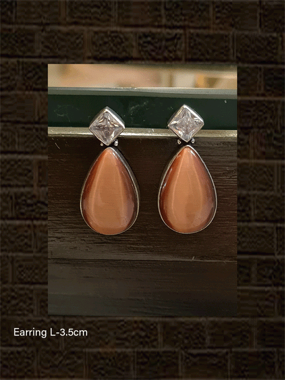 White stone top with leaf stone drop German silver earring - Odara Jewellery