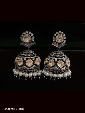 Uncut polki antique finish jhoomkies with white and coloured beads detailing
