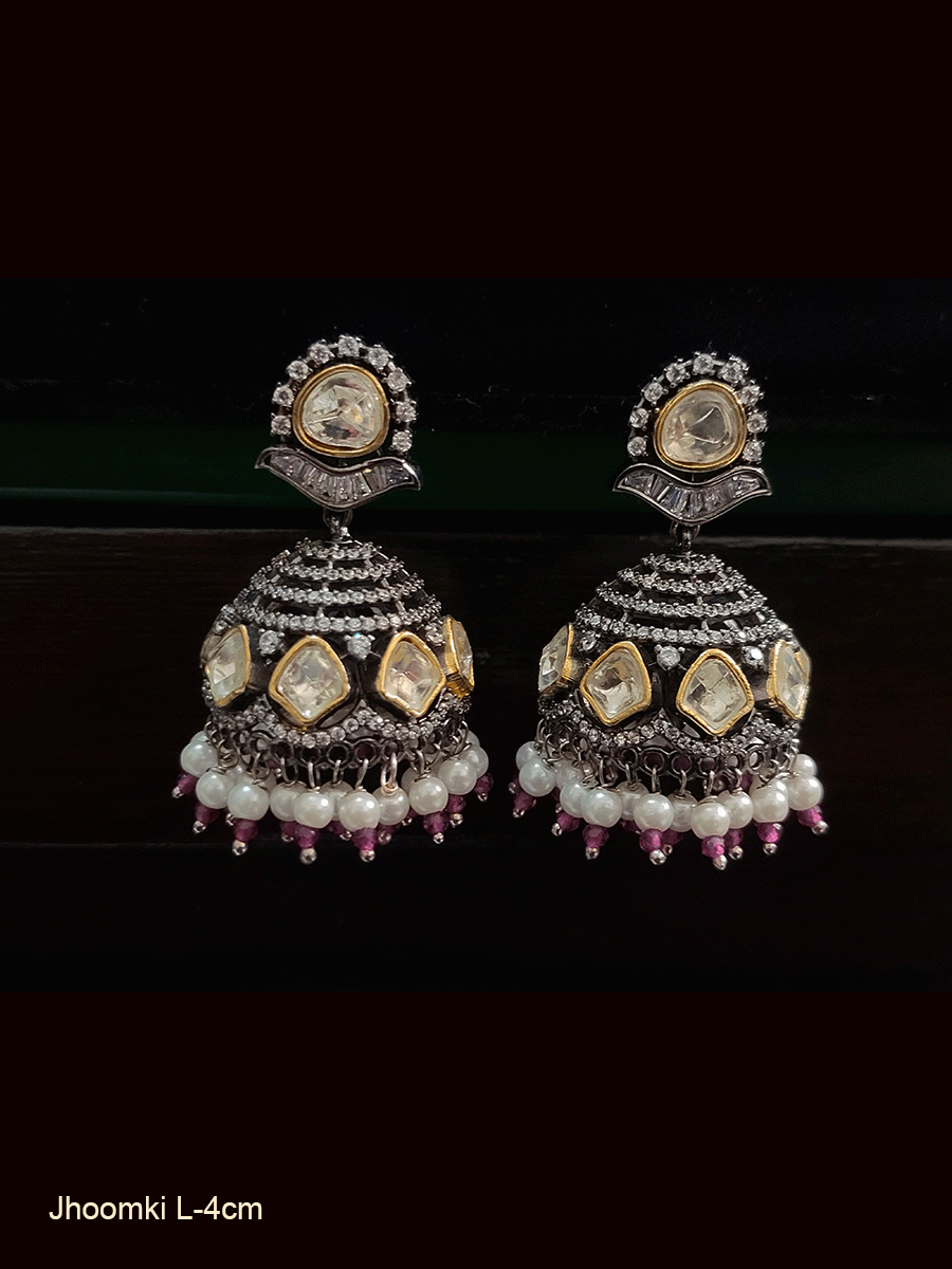 Uncut polki antique finish jhoomkies with white and coloured beads detailing