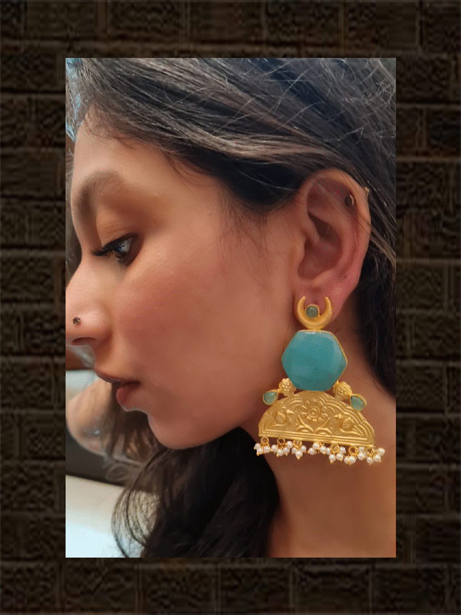 Aqua stone matt gold finish self design broad earring - Odara Jewellery