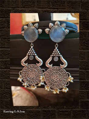 Grey round stone long german silver earring with self design and hanging pearly cluster - Odara Jewellery