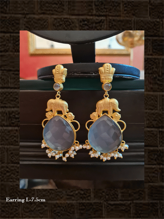 Grey tear drop shaped stone elephant design earring - Odara Jewellery
