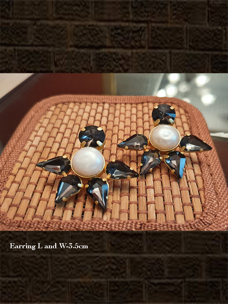 Smoky Black stone half flower design earring with pearl center - Odara Jewellery