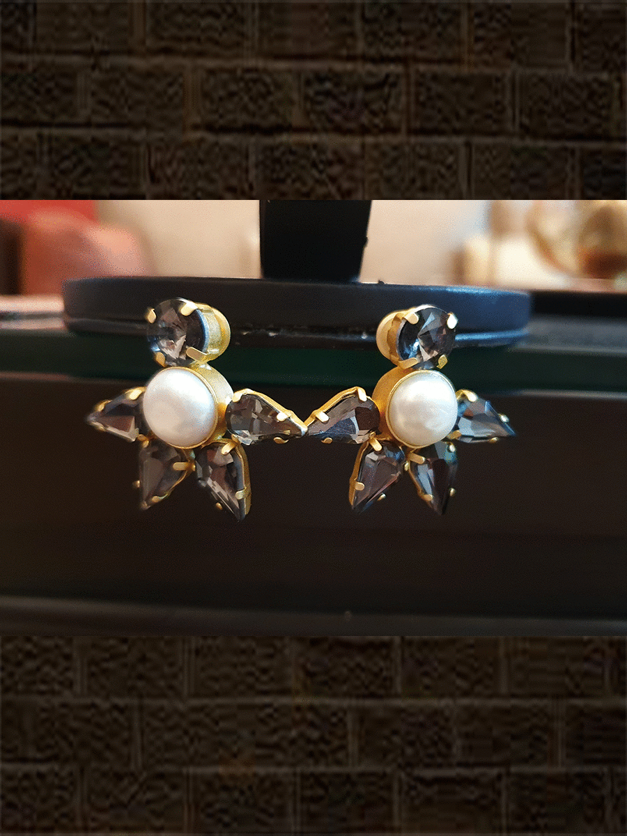 Smoky Black stone half flower design earring with pearl center - Odara Jewellery