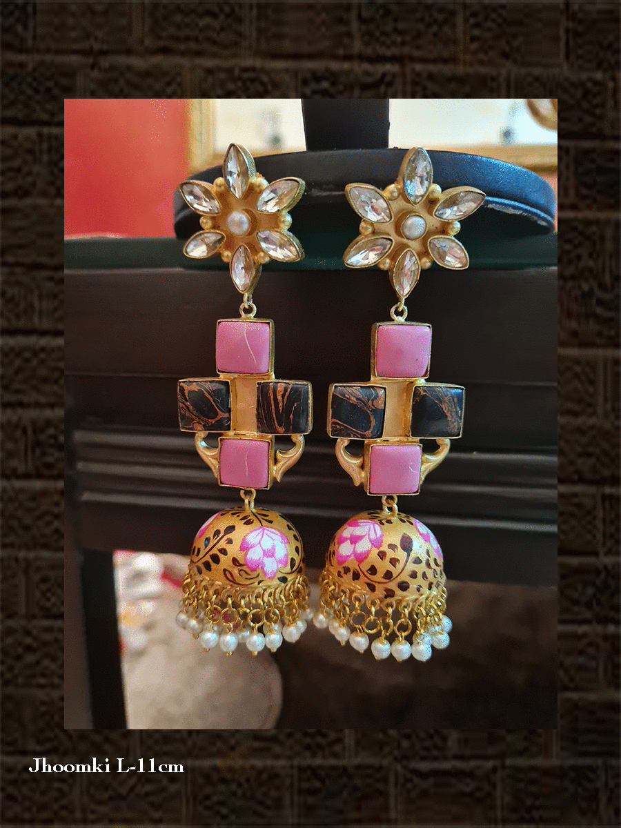 Pink and black stone kundan golden hand painted jhoomki earrings - Odara Jewellery