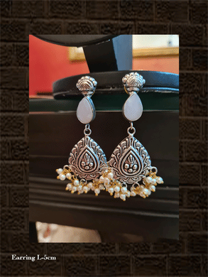 German silver pearly cluster drop traditional design earring with white stone - Odara Jewellery