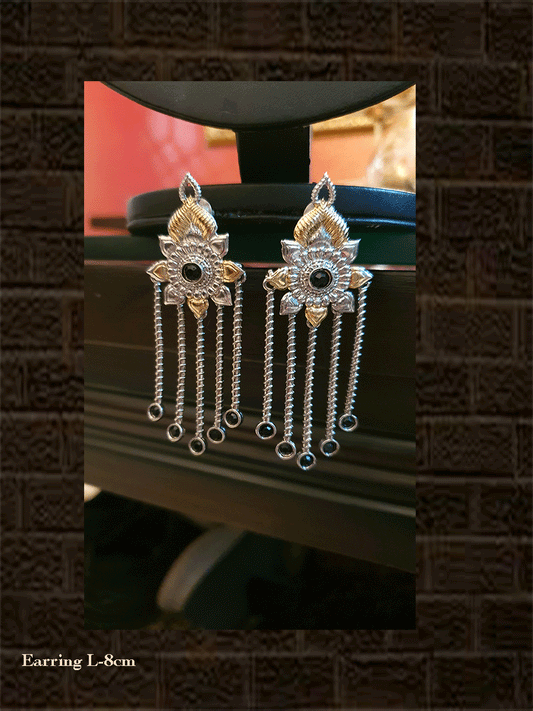 Dual tone long black stone earring - Odara Jewellery