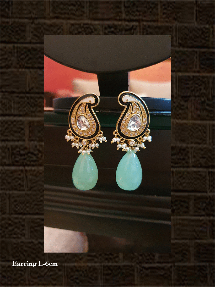 Paisley golden AD and kundan top with aqua green tear drop - Odara Jewellery
