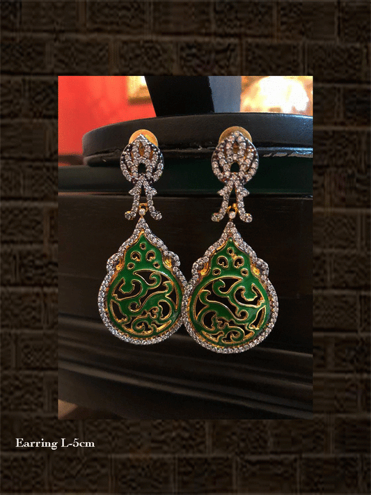 Green enamel zircon studded earrings - Odara Jewellery