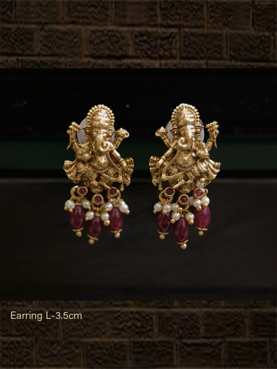 Ganpatiji design earrings with different colour drops - Odara Jewellery