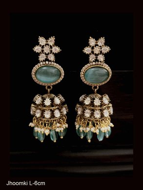 Flower top oval stone with zircon outline kundan jhoomki with coloured drops