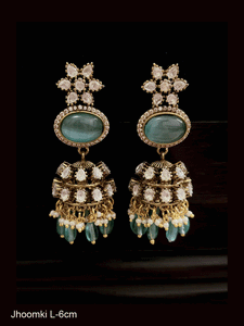 Flower top oval stone with zircon outline kundan jhoomki with coloured drops
