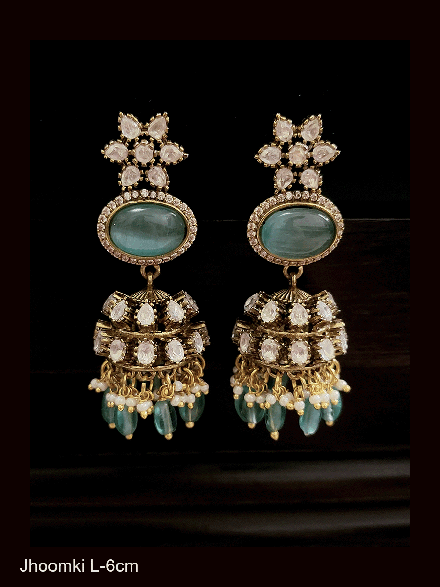 Flower top oval stone with zircon outline kundan jhoomki with coloured drops