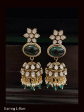 Load image into Gallery viewer, Flower top oval stone with zircon outline kundan jhoomki with coloured drops