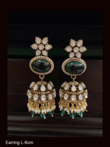 Flower top oval stone with zircon outline kundan jhoomki with coloured drops