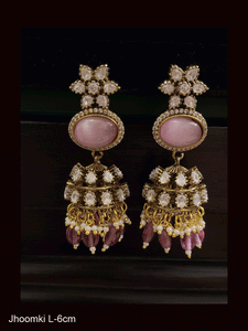Flower top oval stone with zircon outline kundan jhoomki with coloured drops