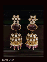 Load image into Gallery viewer, Flower top oval stone with zircon outline kundan jhoomki with coloured drops