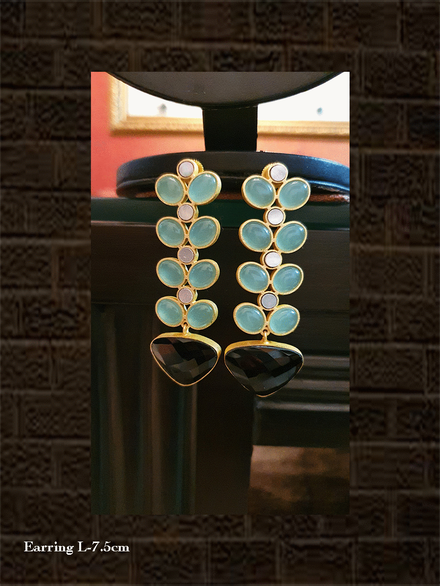 Aqua and black natural stones long earrings with circular MOP in between - Odara Jewellery