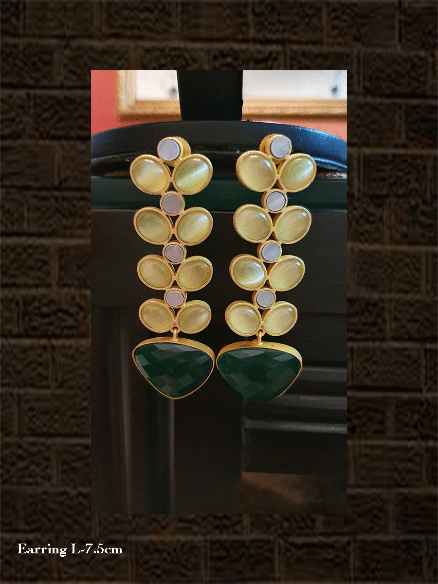 Lemon and green natural stones long earrings with circular MOP in between - Odara Jewellery
