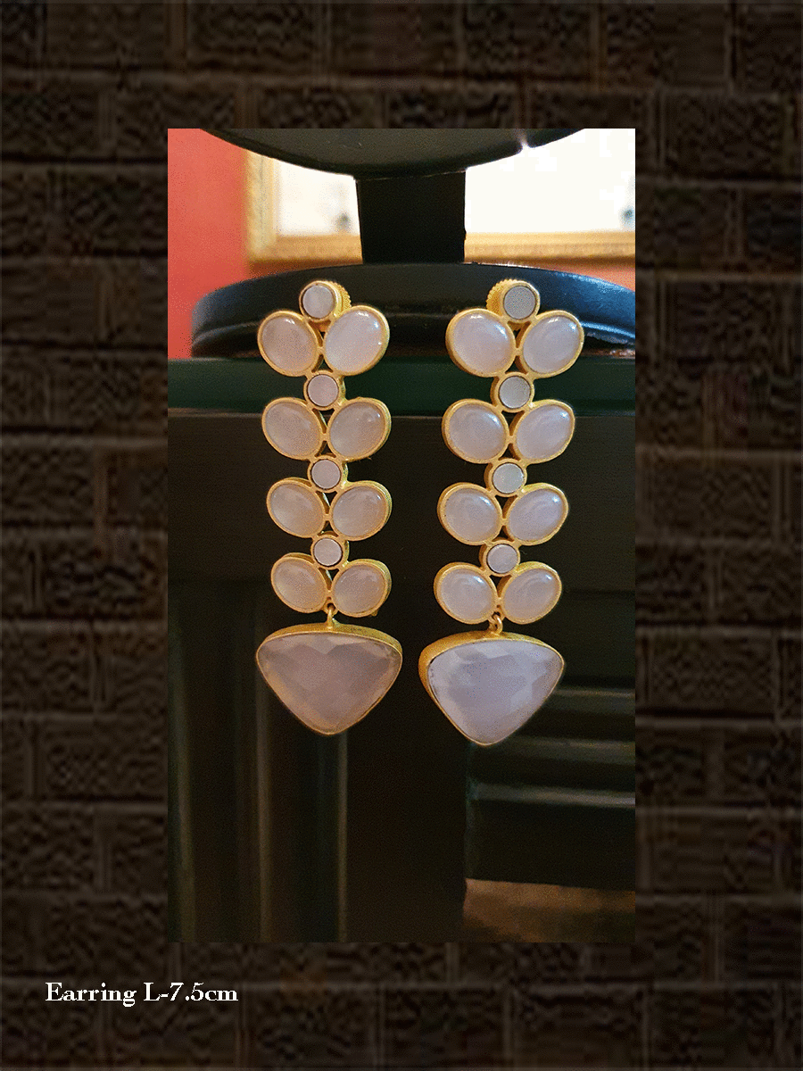 Light pink natural stones long earrings with circular MOP in between - Odara Jewellery