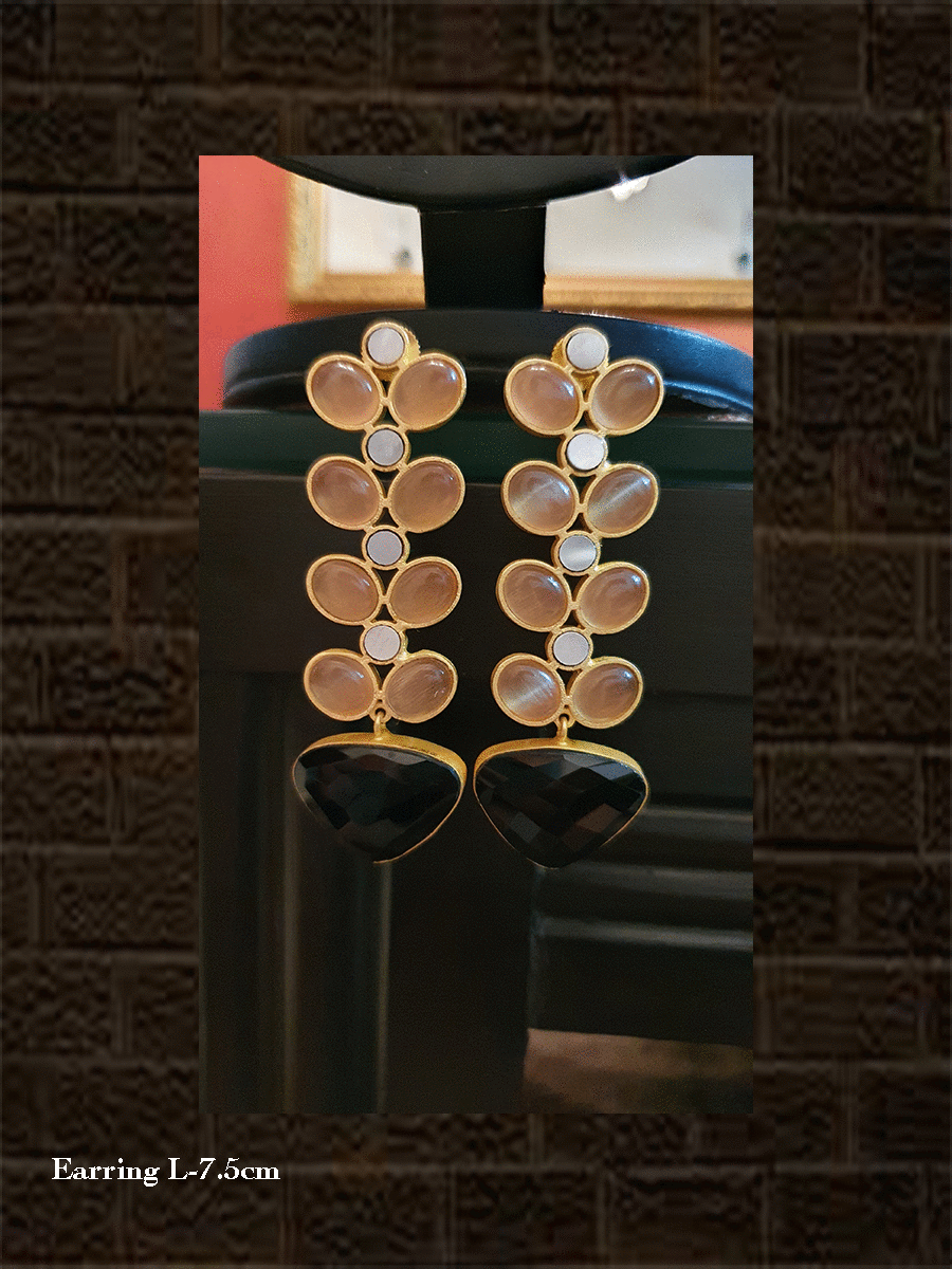 Peach and black natural stones long earrings with circular MOP in between - Odara Jewellery