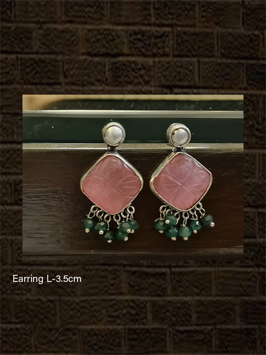 White bead top square shaped stone earrings with bead hangings - Odara Jewellery
