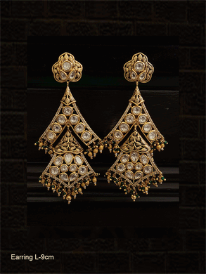 Long uncut polki with self gold leaf design earrings