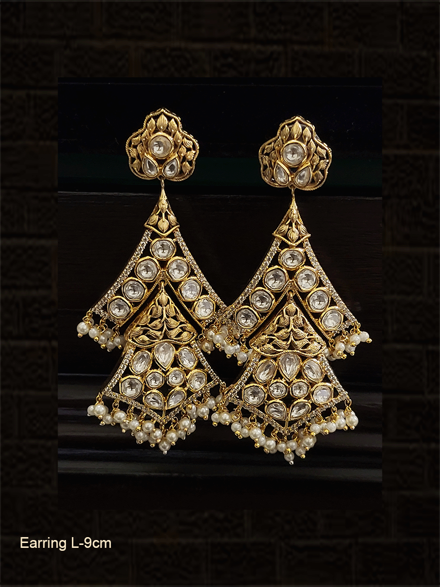 Long uncut polki with self gold leaf design earrings
