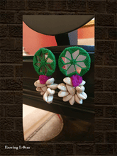 Load image into Gallery viewer, Mirror and thread work pompom and shell hanging earrings - Odara Jewellery