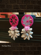 Load image into Gallery viewer, Mirror and thread work pompom and shell hanging earrings - Odara Jewellery
