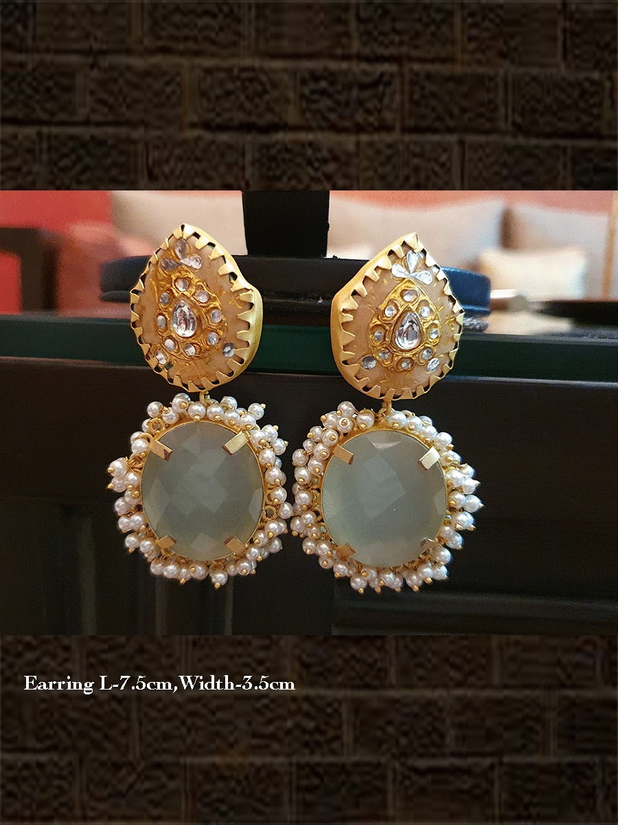 Beige stone with kundan work and oval big aqua green natural stone earring with pearly cluster - Odara Jewellery