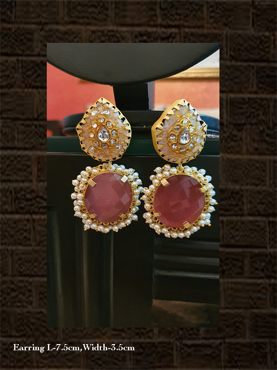 White stone with kundan work and oval big pink natural stone earring with pearly cluster - Odara Jewellery